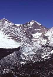 Snowpack accumulation at 14,255 ft (4,345 m). on Longs Peak in Rocky Mountain National Park (photo courtesy of USDA).