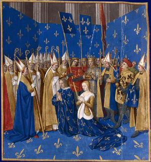 Coronation of Louis VIII and Blanche of Castile at Reims in 1223; a miniature from the Grandes Chroniques de France, painted in the 1450s, kept at the National Library of France