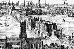 An engraving by Claes Van Visscher showing Old London Bridge in 1616, with Southwark Cathedral in the foreground. The spiked heads of executed criminals can be seen above the Southwark gatehouse.