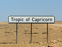A sign marking the Tropic of Capricorn as it passes through Namibia.