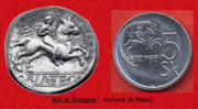 An original Biatec and its replica on a modern 5-koruna coin.