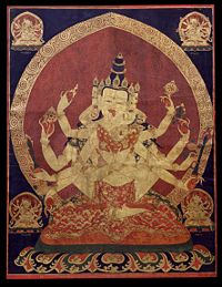 A 17th century Tibetan thangka of Guhyasamaja Akshobhyavajra; the Ming Dynasty court gathered various tribute items which were native products of Tibet (such as thangkas), and in return granted Tibetan tribute-bearers with gifts.