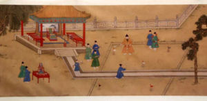 The Xuande Emperor playing chuiwan with his eunuchs, a game similar to golf, by an anonymous court painter of the Xuande period (1425-1435).