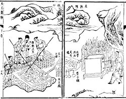 The puddling process of smelting iron ore to make pig iron from wrought iron, with the right illustration displaying men working a blast furnace, from the Tiangong Kaiwu encyclopedia, 1637.