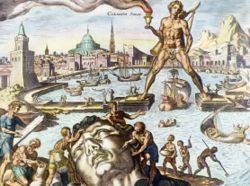 Colossus of Rhodes, imagined in a 16th-century engraving by Martin Heemskerck, part of his series of the Seven Wonders of the World.