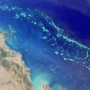 Satellite image of part of the Great Barrier Reef adjacent to the Queensland coastal areas of Proserpine and Mackay