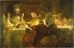 The Conspiracy of Julius Civilis, completed in 1661 by Rembrandt, the best-known painter of the Dutch Golden Age. It depicts a Batavian oath to Gaius Julius Civilis, the head of the Batavian rebellion against the Romans in 69.  It was to be hung in the city hall of Amsterdam, as a display of heroism analogous to that of the recent Eighty Years' War, that had led to independence from Spain. However, it was rejected because Rembrandt did not paint the figures as idealisations, but as real people.
