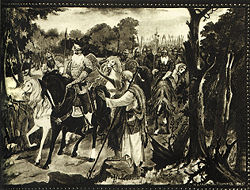 Prince Oleg Approached by Pagan Priests, a Kholuy illustration to Pushkin's ballad.