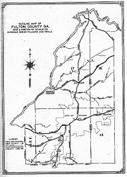 A map showing roads and Indian trails circa 1815, with late 19th century Fulton County and City of Atlanta outlines overlaid.