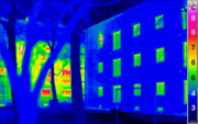 Thermographic comparison of traditional (left) and 'passivhaus' (right) buildings