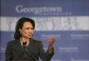 Rice unveils her plan for restructuring American foreign policy, which she calls "Transformational Diplomacy," during a January 18, 2006 speech at Georgetown University.