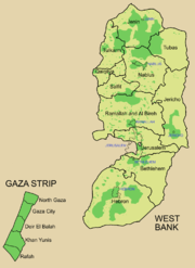 Map showing electoral districts and areas of formal Palestinian control (green)