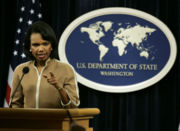 Rice delivers a special briefing on Middle East Peace in the State Department Briefing Room, July 21, 2006.
