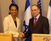 Rice shakes hands with former Israeli Foreign Minister Silvan Shalom in a July 2005 visit to Israel.