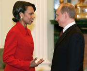 Rice speaks with Russian President Vladimir Putin during an April 2005 trip to Russia.