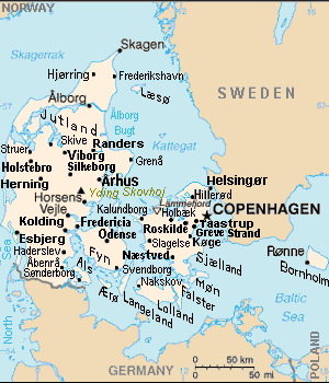 Location of Aarhus south of Randers, northeast of Kolding and Esbjerg, on Denmark's Jutland peninsula.