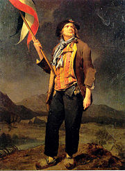 Early depiction of the tricolour in the hands of a sans-culotte during the French Revolution