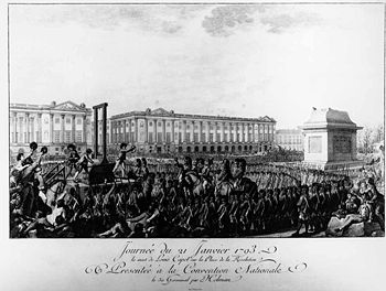 Execution of Louis XVI in what is now the Place de la Concorde, facing the empty pedestal where the statue of his grandfather, Louis XV, had stood.