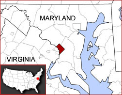 Location of Washington, D.C. in relation to the states Maryland and Virginia