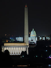 Night view of The Lincoln Memorial, Washington Monument and US Capitol