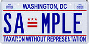 A sample Washington, D.C. license plate with "Taxation Without Representation" slogan