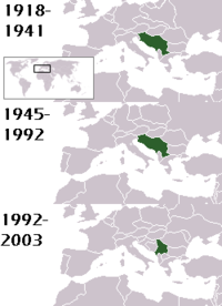 General location of the political entities known as Yugoslavia. The precise borders varied over the years