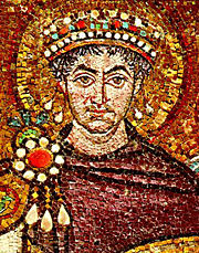 Justinian depicted on one of the famous mosaics of the Basilica of San Vitale, Ravenna.