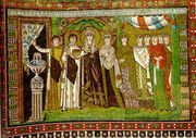 Theodora (here with her retinue, mosaic from Basilica of San Vitale, Ravenna), Justinian's influential wife, was a former mime actress, whose earlier life is vividly described by Procopius in Secret History.