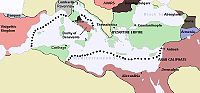 Byzantine Empire by 650 A.D., by this year it lost all of its Southern Provinces except the Exarchate of Carthage