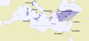 The Byzantine Empire at the accession of Leo III, c. 717. Striped land shows land raided by the Arabs. Click on the image for names of provinces