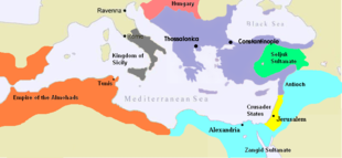 Byzantine Empire in purple, c.1180, at the end of the Komnenian period.