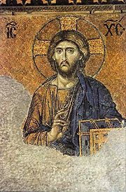 The most famous of the surviving Byzantine mosaics of the Hagia Sophia - Christ Pantocrator flanked by the Virgin Mary and John the Baptist. The mosaics were made in the 12th century.
