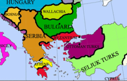 Map of the Middle East c. 1355. Byzantium has lost its territory in Asia Minor and Epirus has been reduced significantly by Serbia. Ottoman lands are in purple, and Red Byzantium.