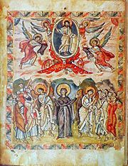 Miniatures of the 6th-century Rabula Gospel display the more abstract and symbolic nature of Byzantine art.
