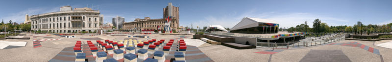 360-degree panoramic view of the Southern Plaza with Parliament House, City Sign, Adelaide Railway Station and Festival Centre shown left to right.