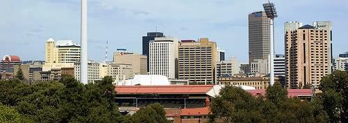 View of Adelaide's city skyline, with Adelaide Oval in the foreground