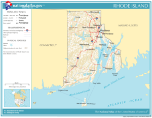 Map of Rhode Island, showing major cities and roads