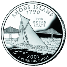 The Rhode Island state quarter, depicting a vintage sailboat sailing in front of the Claiborne Pell Newport Bridge