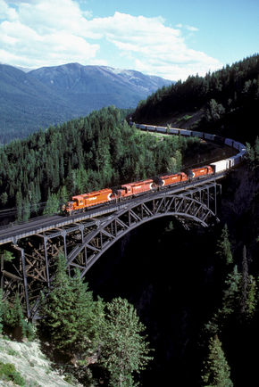 An eastbound CPR freight at Stoney Creek Bridge in Rogers Pass. Photo by David R. Spencer.