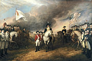 Lord Cornwallis' surrender following the Siege of Yorktown. French participation was decisive in this battle, 1781