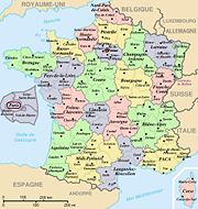 The 22 regions and 96 departments of metropolitan France includes Corsica (Corse, lower right). Paris area is expanded (inset at left)
