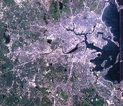 A simulated-color satellite image of the Boston area taken on NASA's Landsat 3