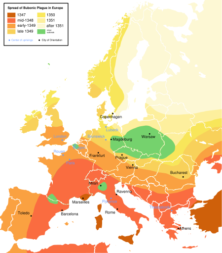 The Black Death rapidly spread along the major European sea and land trade routes.