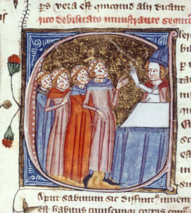 Monks, disfigured by the plague, being blessed by a priest. England, 1360–75