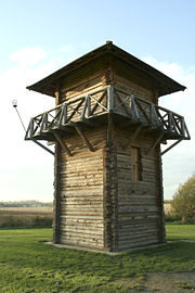 Reconstruction of a specula or vigilarium (Germanic burgus), "watchtower", a type of castrum. An ancient watchtower would have been surrounded by wall and ditch.