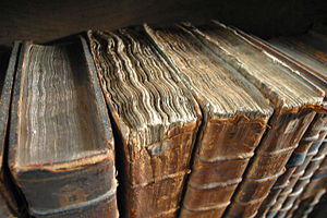 Old book bindings at the Merton College library.