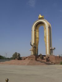 Modern Tajiks regard the Samanid Empire as the first Tajik state. This monument in Dushanbe honors Saman Khuda, ancestor of the Samanids and a source of Tajik nationalism.