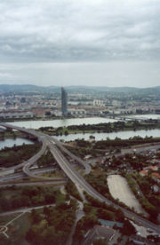 River Danube, Brigittenauer Brücke (bridge) and Millennium Tower in Vienna (view from Donauturm)