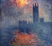 Monet's Trouée de soleil dans le brouillard, Houses of Parliament, London, Sun Breaking Through the Fog, 1904