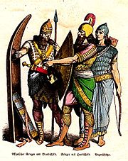 Assyrian soldiers, from a plate in THE HISTORY OF COSTUME by Braun & Schneider (ca. 1860).